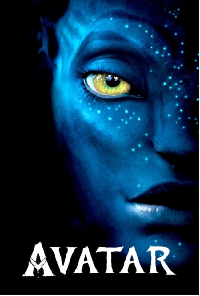 Cartelera de la película Avatar, con la imagen de la protagonista donde podemos apreciar los rasgos de la mitad de su rostro