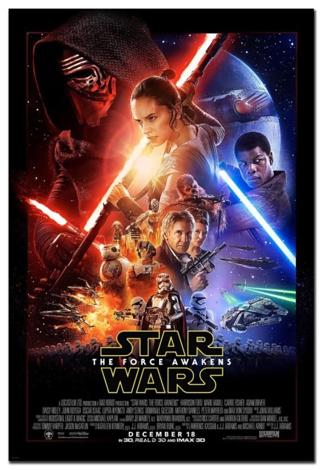 Cartelera de la película Star Wars, donde se aprecian diferentes colores de espadas láser(la quinta de las 10 películas más taquilleras de la historia)