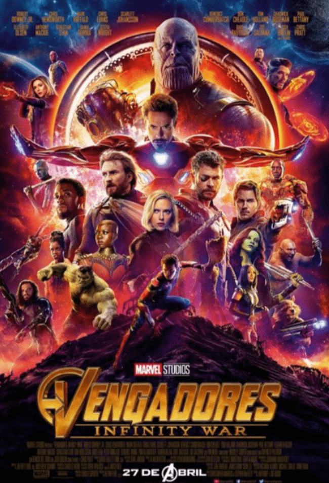 Cartelera de la película de Los Vengadores: Infinity War. De Marvel. Con Iron Man y Thanos como cabeza de cartel.(la sexta de las 10 películas más taquilleras de la historia)